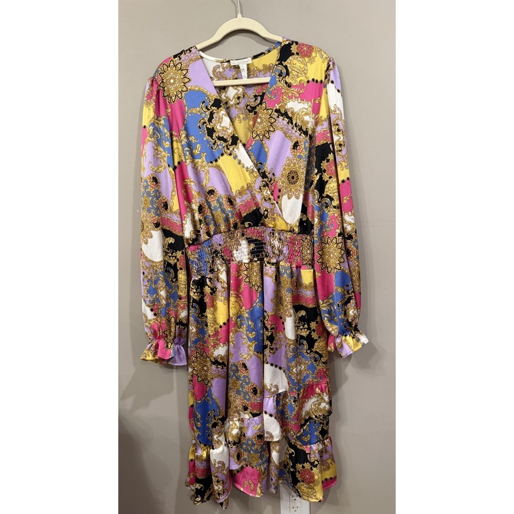 Karen T Design Baroque Faux Wrap Dress Size 2X Ruffle Colorful